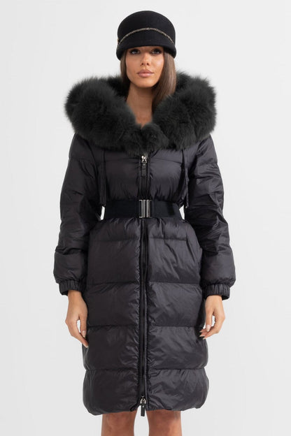 Casaco Puffer Longo Com Capuz Forrado de Pele de Raposa Preta - Preto