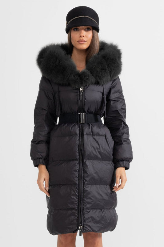 Casaco Puffer Longo Com Capuz Forrado de Pele de Raposa Preta - Preto