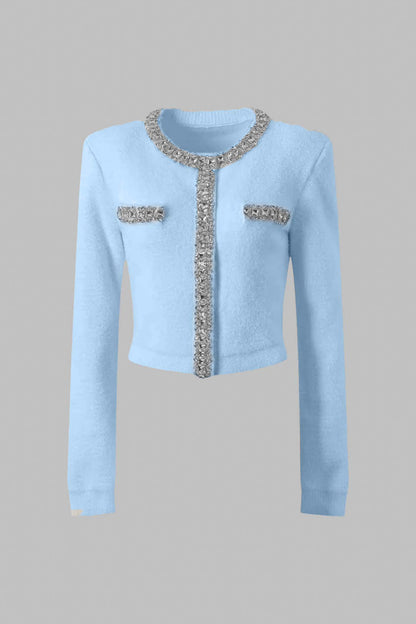 Conjunto Coord Soft Com Mangas Longas, Saia Mini E Aplicações Brilhantes - Azul
