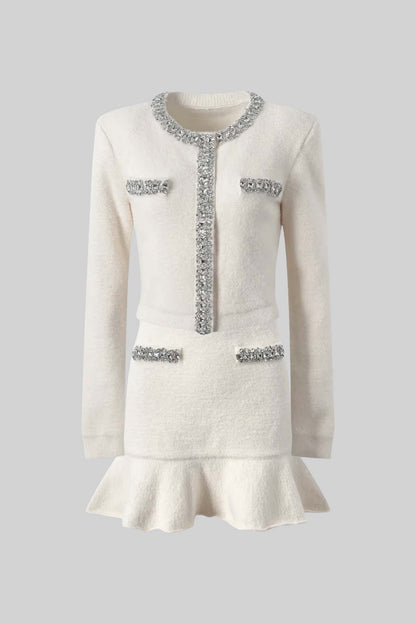 Conjunto Co-ord Soft Com Mangas Longas, Saia Mini E Acessórios Brilhantes - Branco