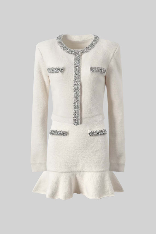 Conjunto Co-ord Soft Com Mangas Longas, Saia Mini E Acessórios Brilhantes - Branco