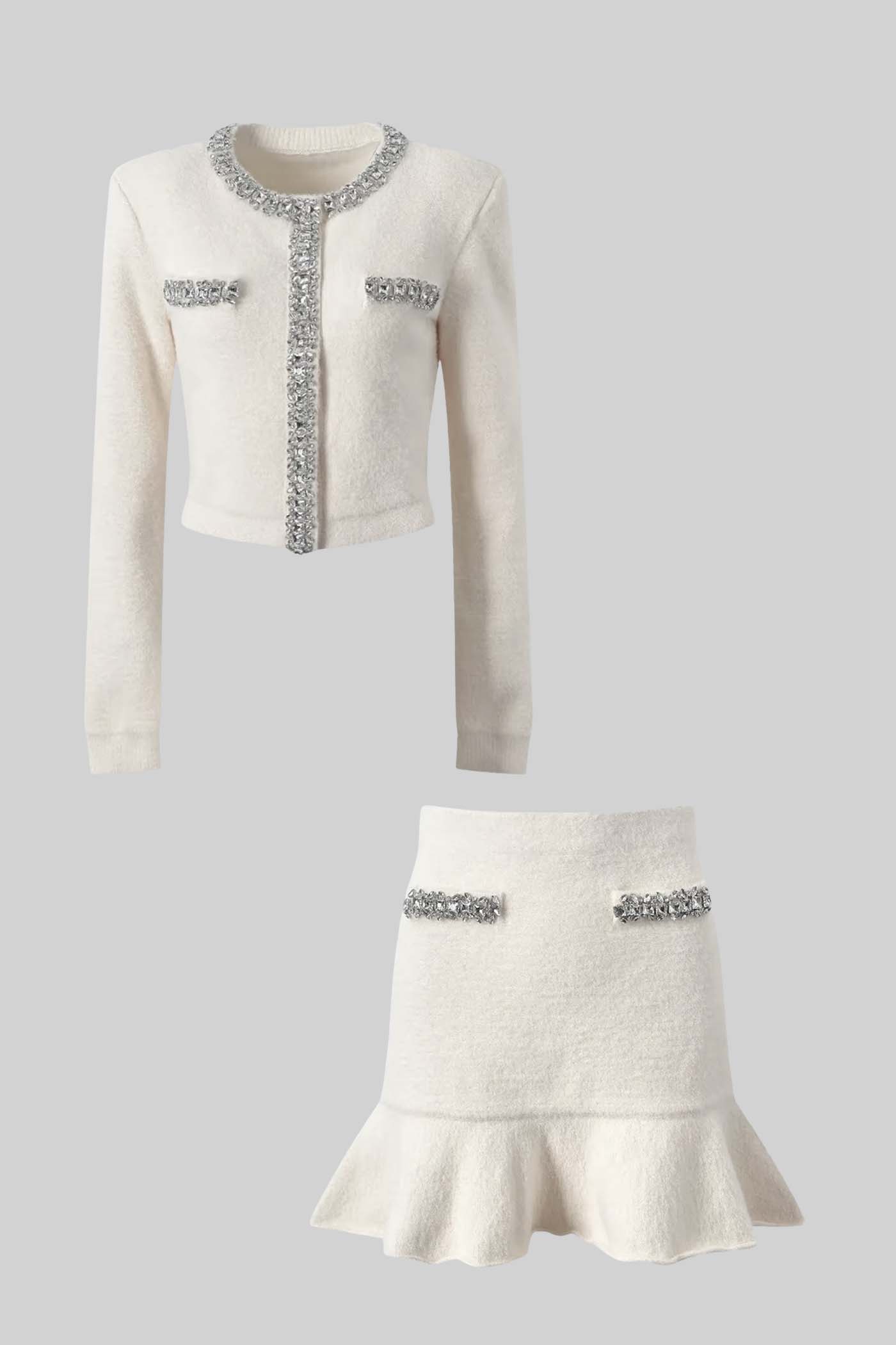 Conjunto Co-ord Soft Com Mangas Longas, Saia Mini E Acessórios Brilhantes - Branco