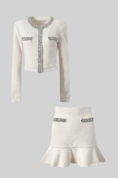 Conjunto Coordenado Soft Com Mangas Longas, Saia Mini E Aplicações Brilhantes - Branco