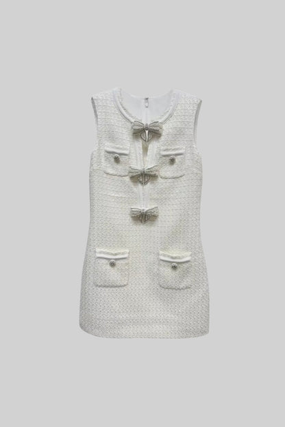 Vestido Texturizado Sem Mangas Com Laços Decorados em Metal - Branco