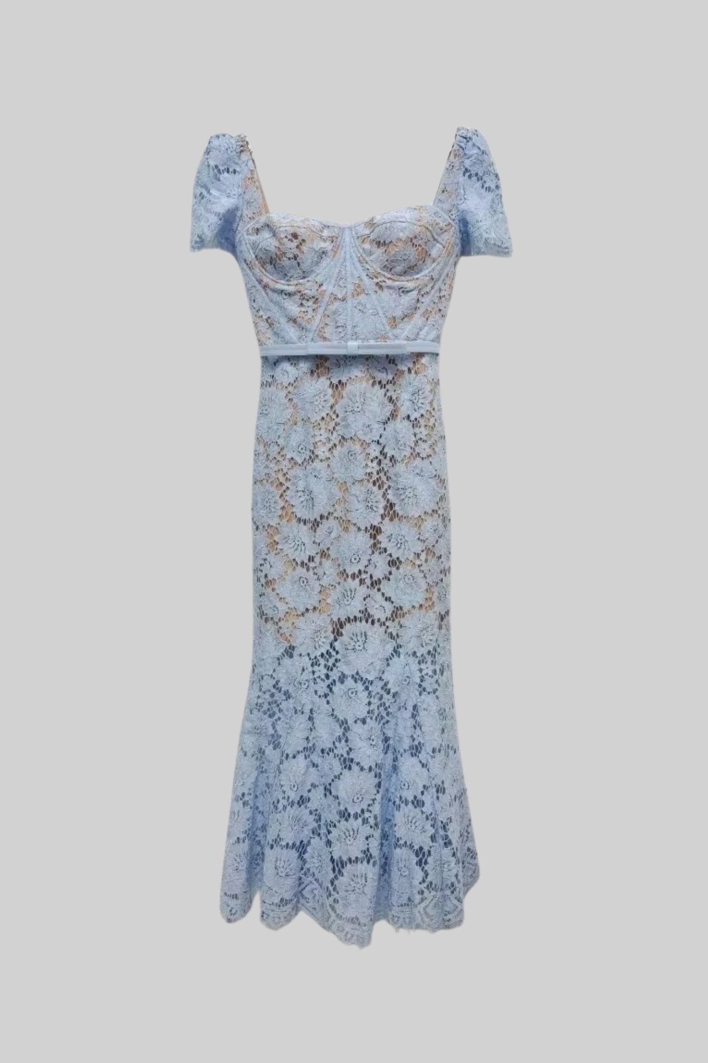 Vestido de Renda de Manga Curta com Cintura Delicada em Azul