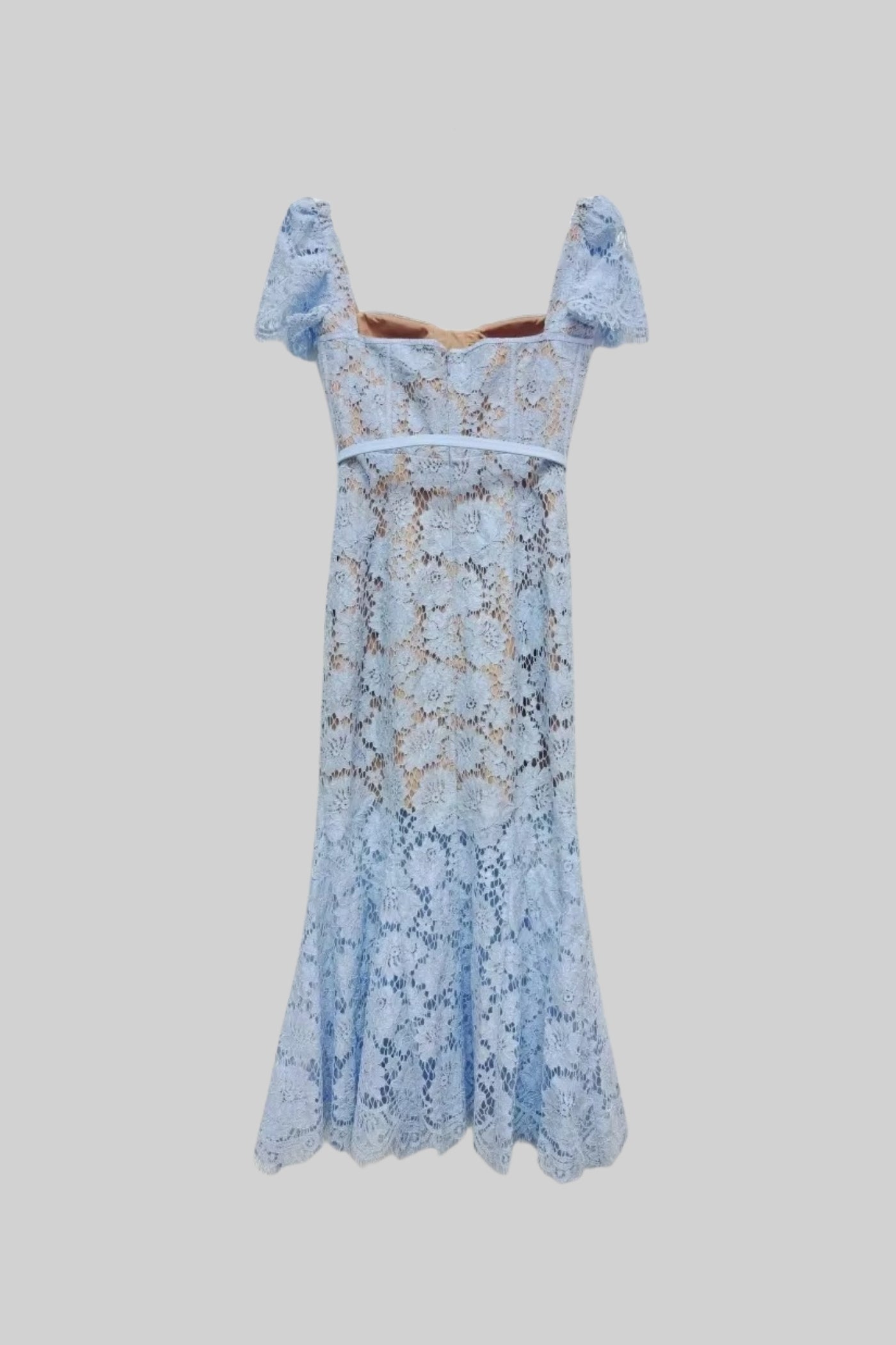 Vestido de Renda de Manga Curta com Cintura Delicada em Azul