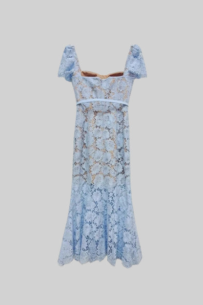 Vestido de Renda de Manga Curta com Cintura Delicada em Azul