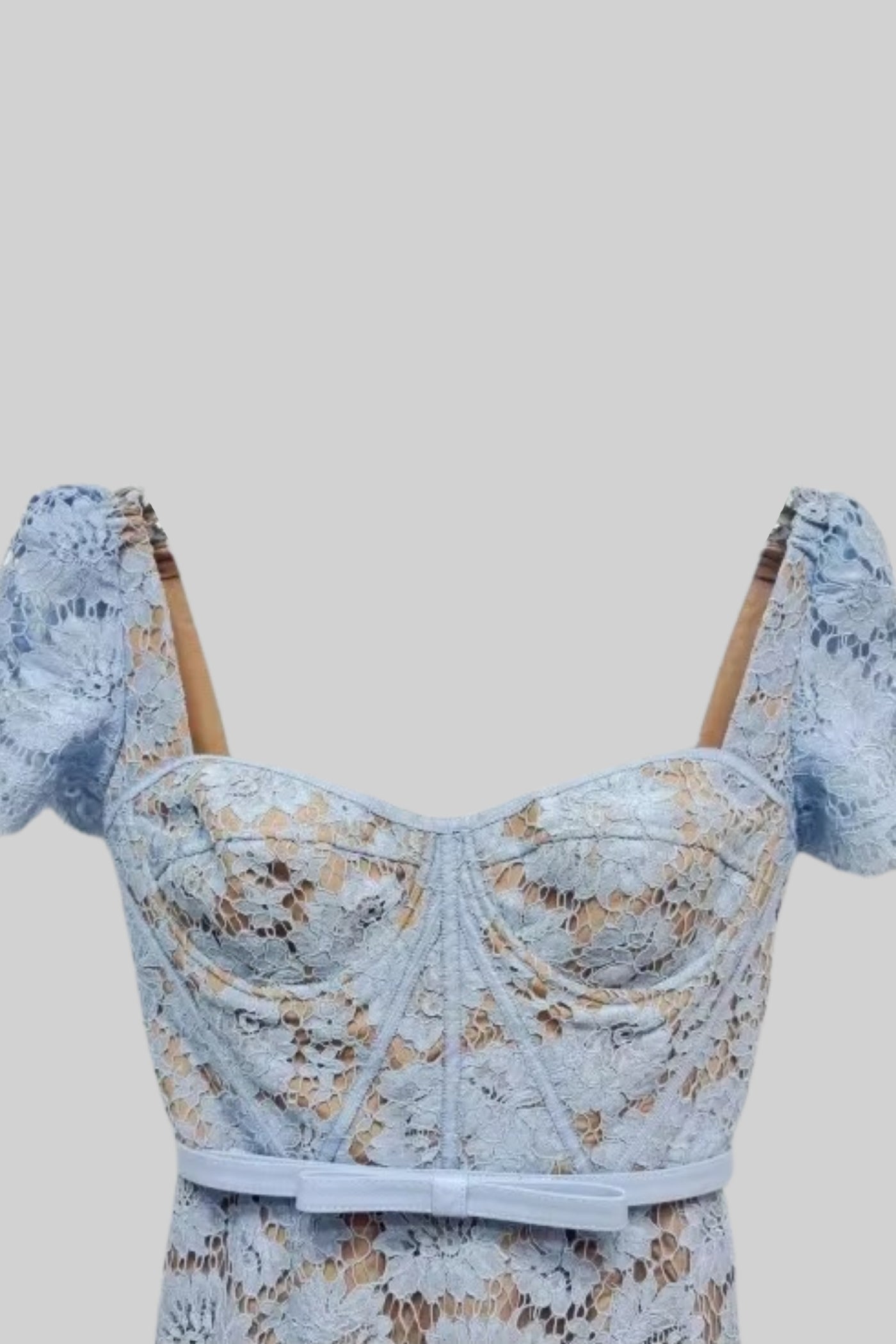 Vestido de Renda de Manga Curta com Cintura Delicada em Azul