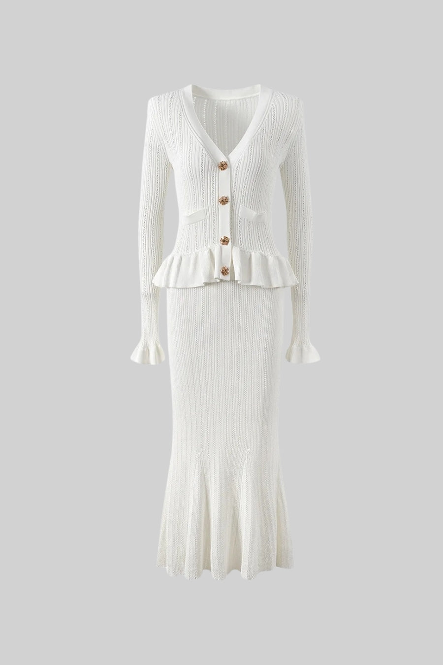 Conjunto de Malha com Casaco Volante e Saia Larga - Branco