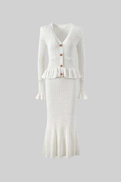 Conjunto de Malha com Casaco Volante e Saia Larga - Branco
