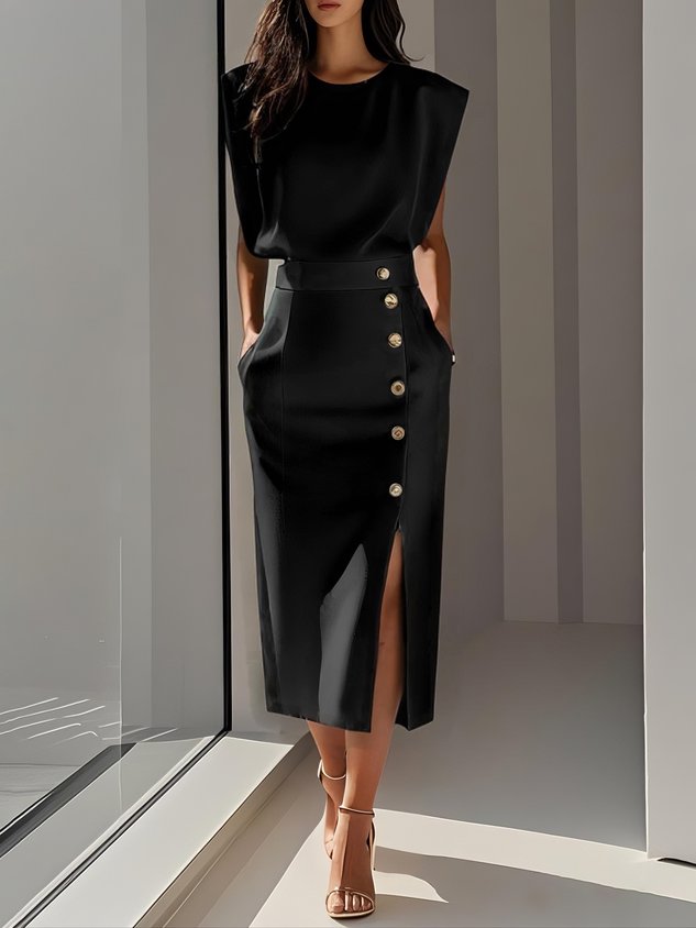Aina - Vestido midi liso com fenda de botões e decote redondo
