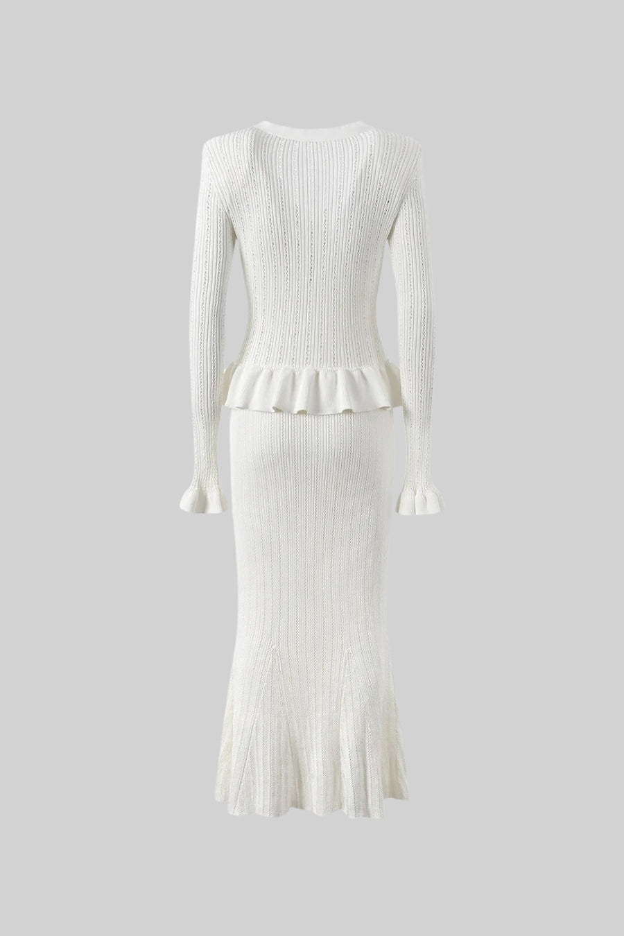 Conjunto de Malha com Casaco Volante e Saia Larga - Branco