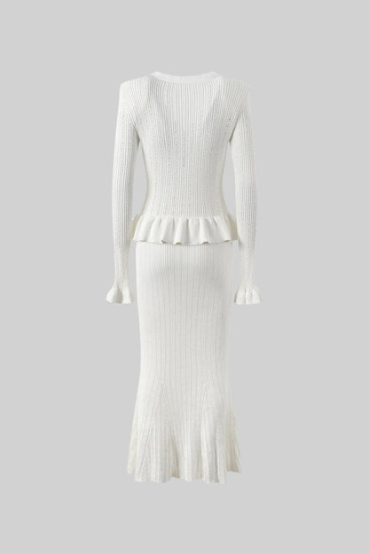 Conjunto de Malha com Casaco Ruffle e Saia Larga - Branco