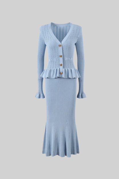 Conjunto de Malha com Casaco Rendido e Saia Larga - Azul Bebé