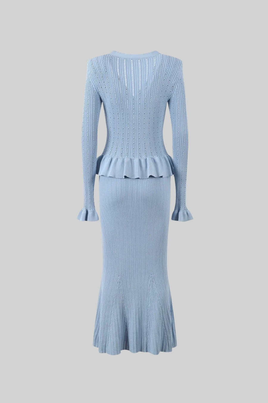 Conjunto de Malha com Casaco Rendido e Saia Larga - Azul Bebé