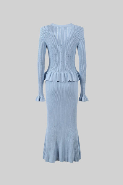 Conjunto de Malha com Casaco Rendido e Saia Larga - Azul Bebé