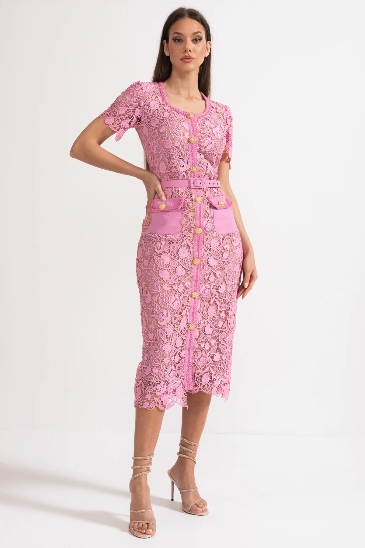 Exquisito Vestido Midi de Renda com Mangas Curtas - Rosa