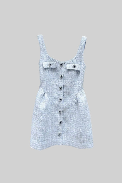 Vestido Mini Texturizado Com Corpete Justo E Botões Contrastantes - Azul Claro