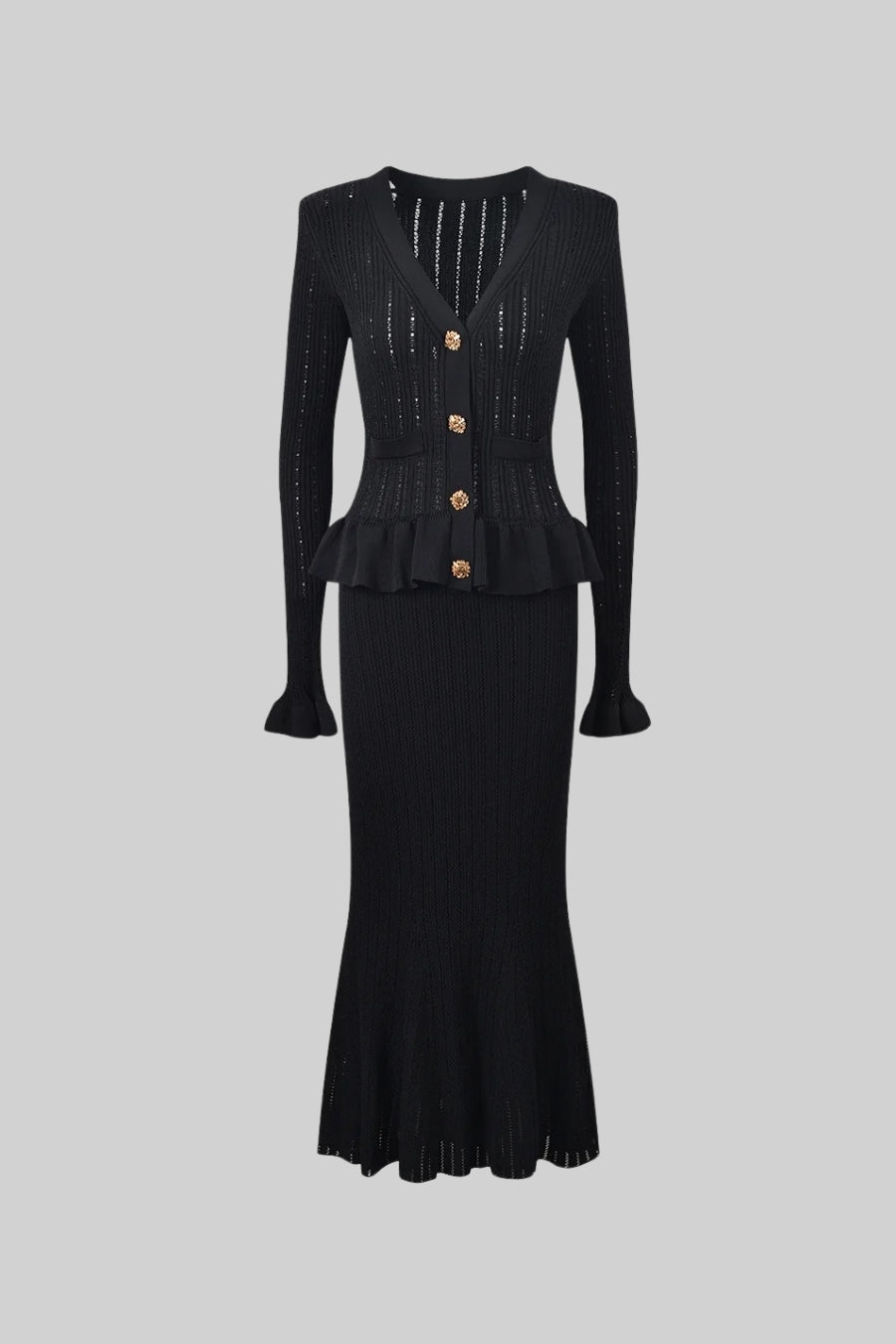 Conjunto de Malha com Casaco Rendido e Saia Larga - Preto