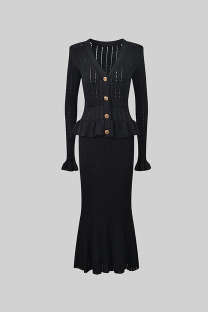 Conjunto de Malha com Casaco Rendido e Saia Larga - Preto