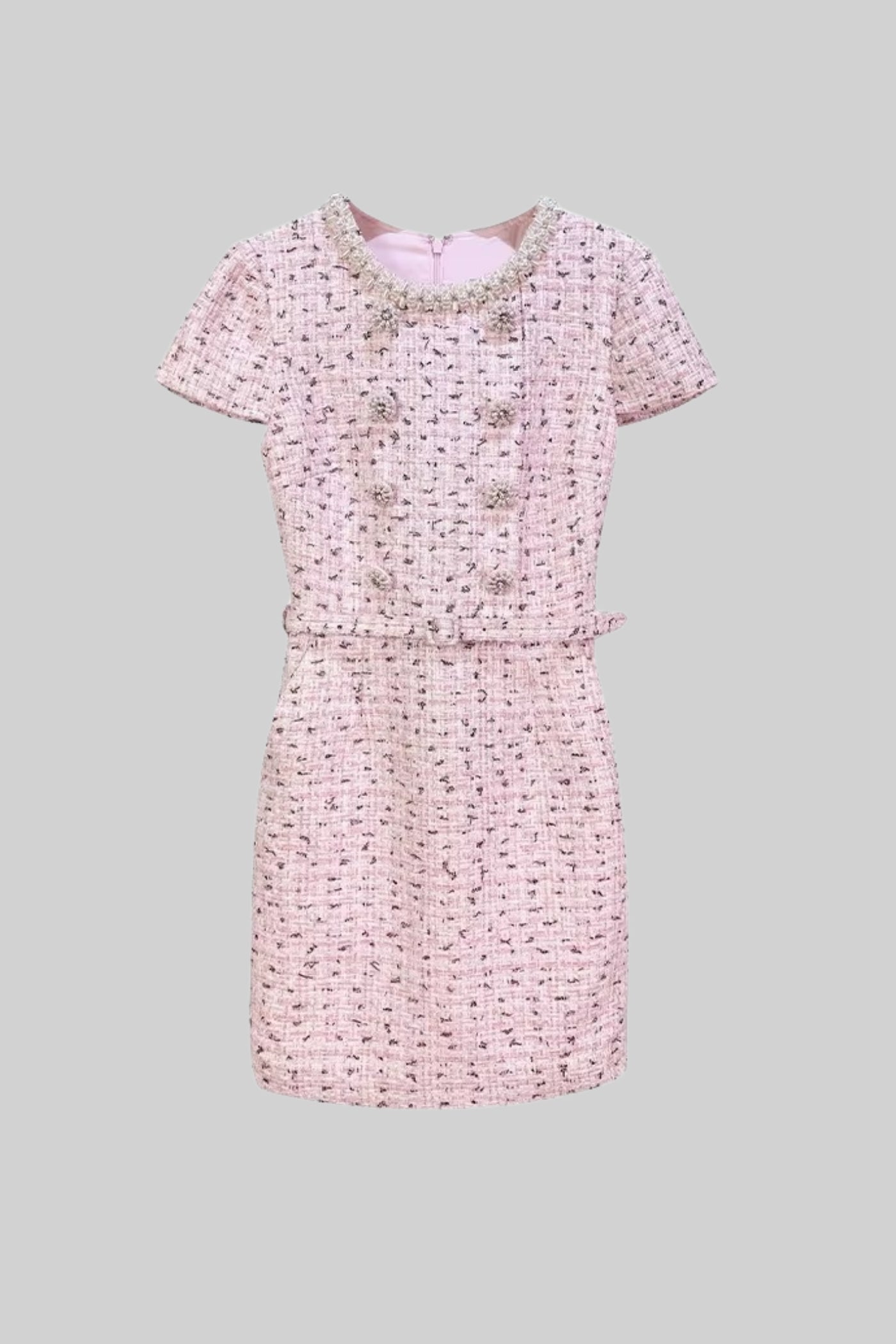 Vestido Mini Texturizado Elegante Com Mangas Curtas E Cinto Acondicionado - Rosa