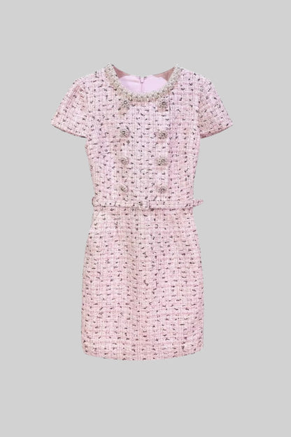 Vestido Mini Texturizado Elegante Com Mangas Curtas E Cinto Acondicionado - Rosa