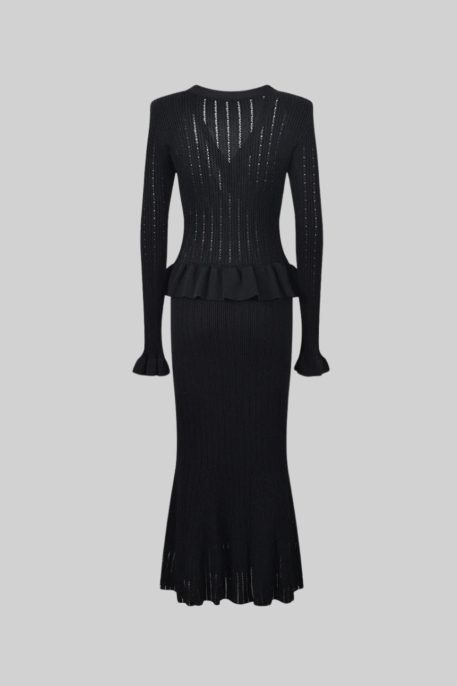 Conjunto de Malha com Casaco Rendido e Saia Larga - Preto