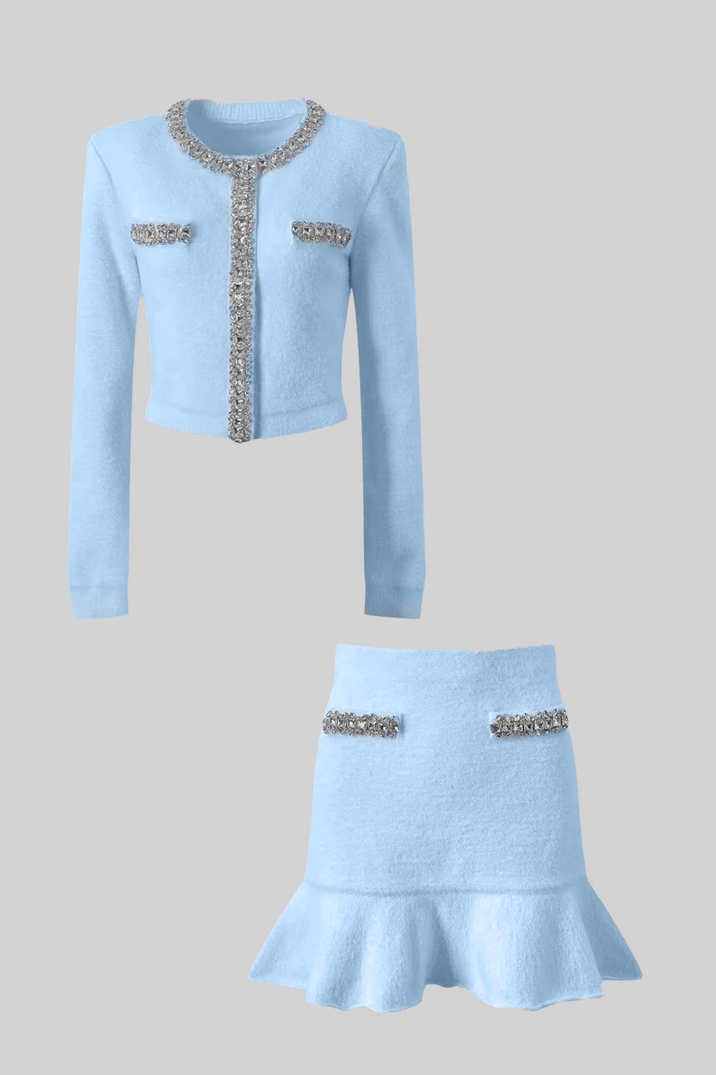 Conjunto Coord Soft Com Mangas Longas, Saia Mini E Aplicações Brilhantes - Azul