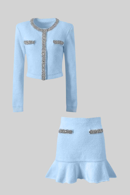 Conjunto Coord Soft Com Mangas Longas, Saia Mini E Aplicações Brilhantes - Azul