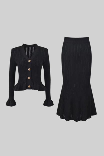 Conjunto de Malha com Casaco Rendido e Saia Larga - Preto