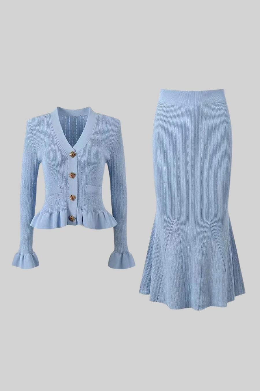 Conjunto de Malha com Casaco Rendido e Saia Larga - Azul Bebé