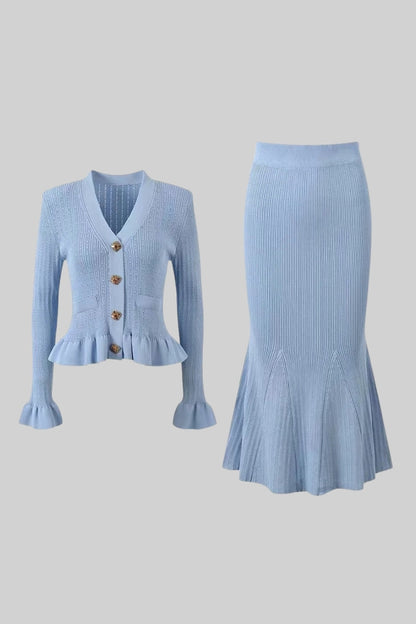 Conjunto de Malha com Casaco Rendido e Saia Larga - Azul Bebé