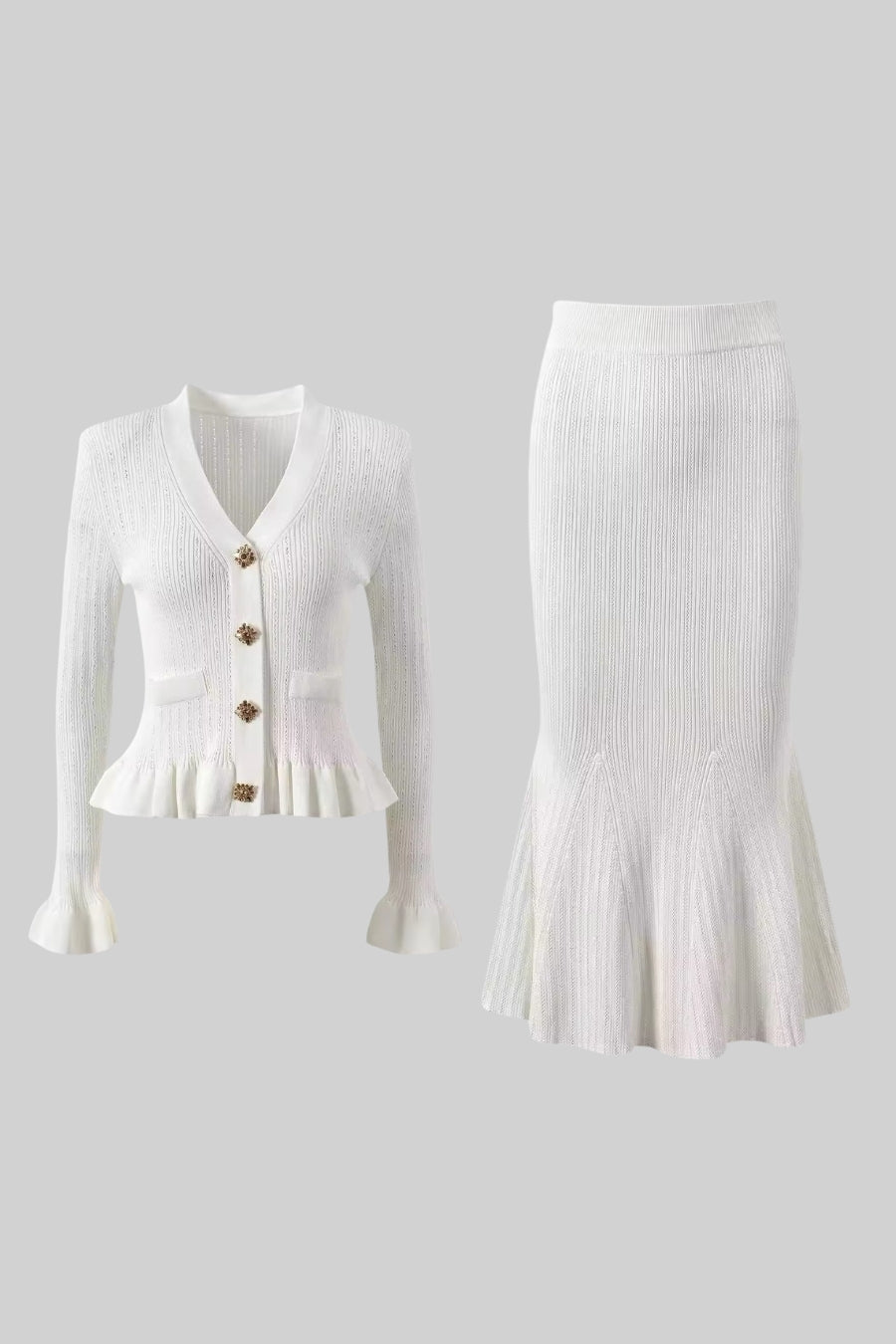 Conjunto de Malha com Casaco Volante e Saia Larga - Branco