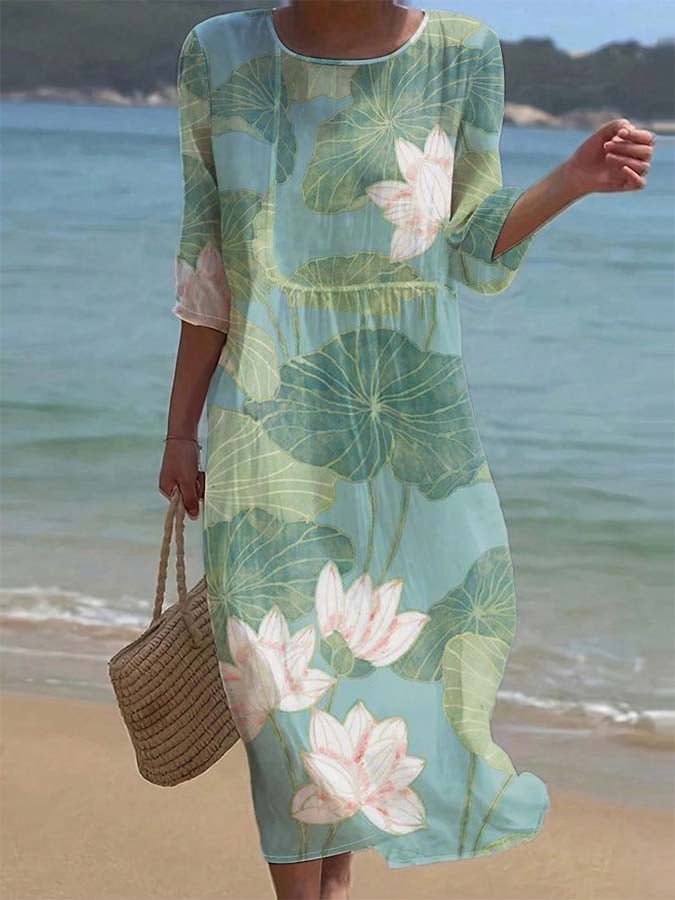 Carla - Vestido casual com gola redonda e mangas médias e estampa floral
