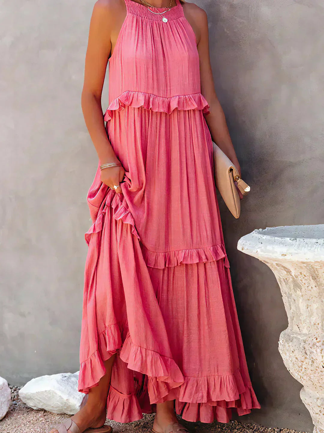 Sarah | Vestido longo com babados e alças finas
