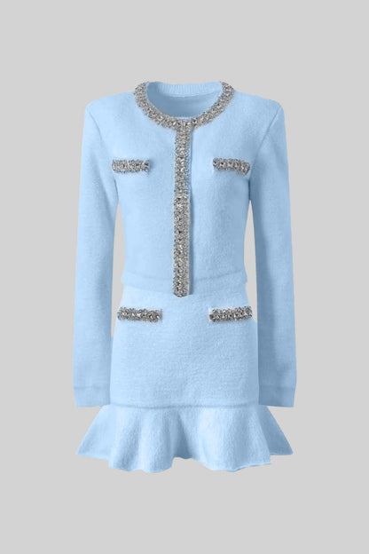 Conjunto Coord Soft Com Mangas Longas, Saia Mini E Aplicações Brilhantes - Azul
