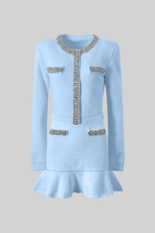 Conjunto Coord Soft Com Mangas Longas, Saia Mini E Aplicações Brilhantes - Azul