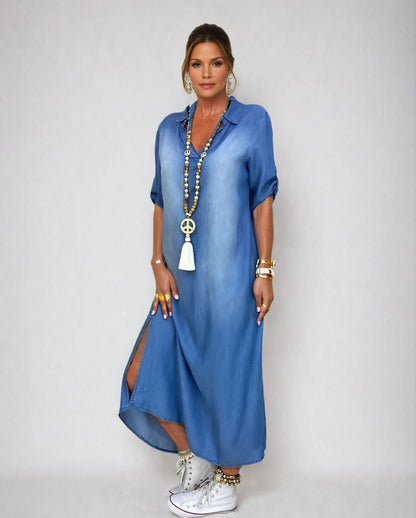 Lea | Vestido longo em look jeans com fenda lateral