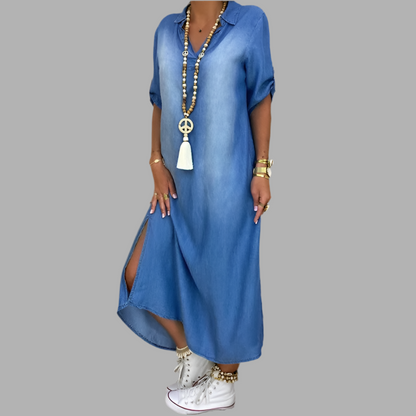 Lea | Vestido longo em look jeans com fenda lateral