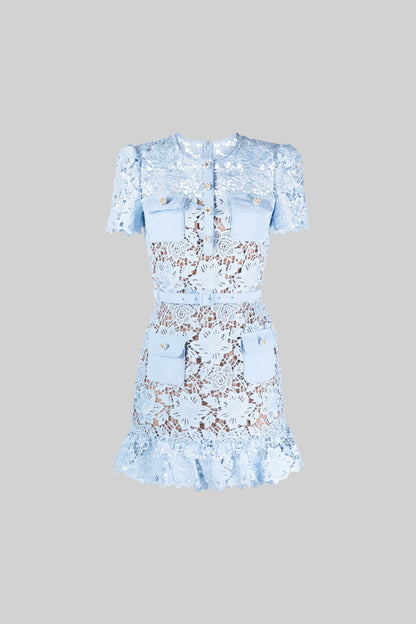 Vestido Floral Bordado de Manga Curta - Azul