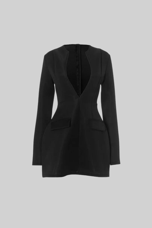Vestido Blazer de Manga Longa com Decote em V Profundo - Preto
