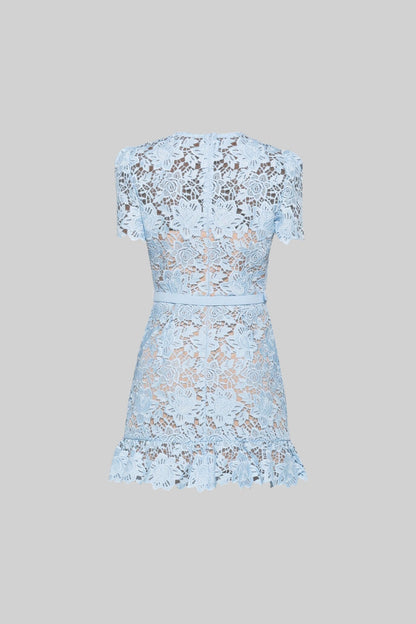Vestido Floral Bordado de Manga Curta - Azul