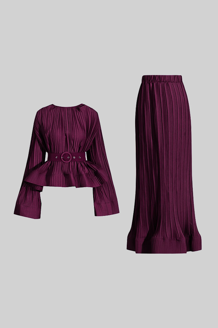 Conjunto Elegante Com Top Plissado E Saia Maxi - Burgundy