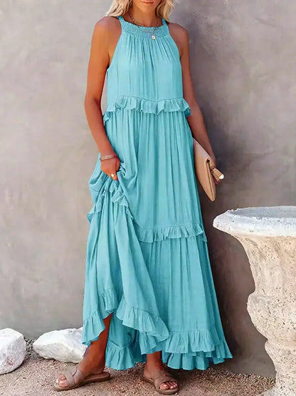 Sarah | Vestido longo com babados e alças finas
