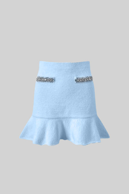 Conjunto Coord Soft Com Mangas Longas, Saia Mini E Aplicações Brilhantes - Azul