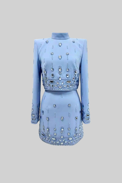Conjunto com Aplicações de Diamantes e Mini Saia - Azul Bebé