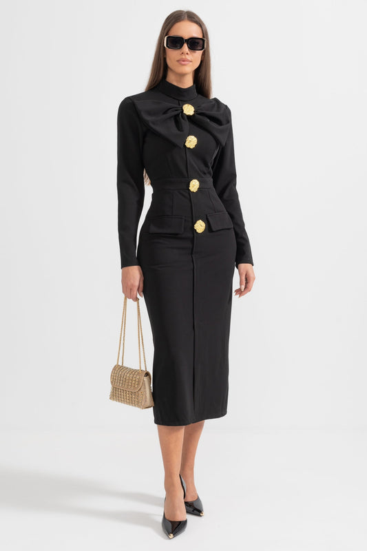 Vestido Elegante com Gola Laço de Manga Longa - Preto