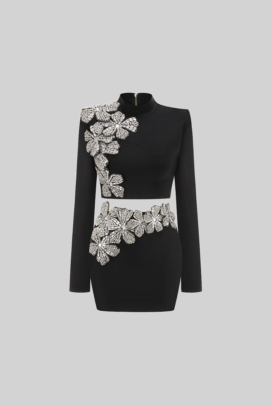 Conjunto de Acento de Flor de Diamante em 2 Peças com Top de Mangas Longas e Saia Mini - Preto