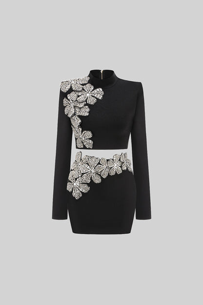 Conjunto de Acento de Flor de Diamante em 2 Peças com Top de Mangas Longas e Saia Mini - Preto