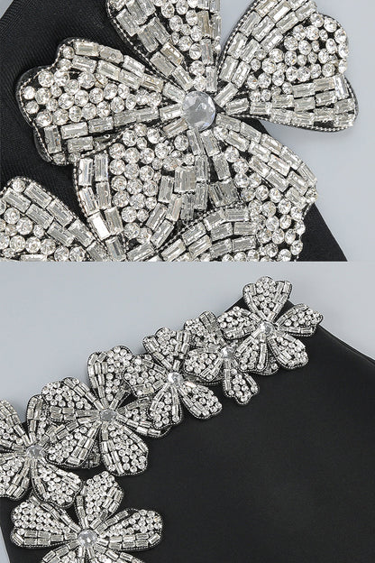 Conjunto de Acento de Flor de Diamante em 2 Peças com Top de Mangas Longas e Saia Mini - Preto